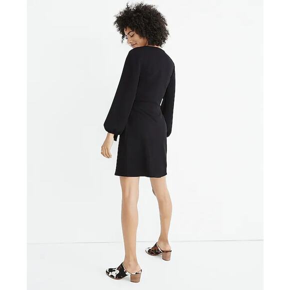 Madewell Black Texture & Thread Long-Sleeve Side-Tie Wrap Mini Dress Size XXS - Picture 3 of 11